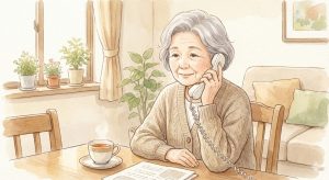 穏やかな表情で電話相談をする女性のイラスト