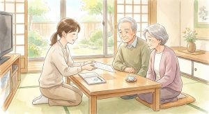 自宅で相談員と穏やかに面談する高齢夫婦のイラスト