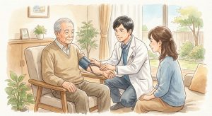 自宅で医師の診察を安心して受ける高齢男性のイラスト